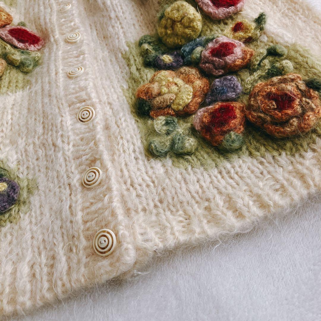 【美品】カネコイサオ★モヘア 3Dフラワーモチーフ 立体編み カーディガン