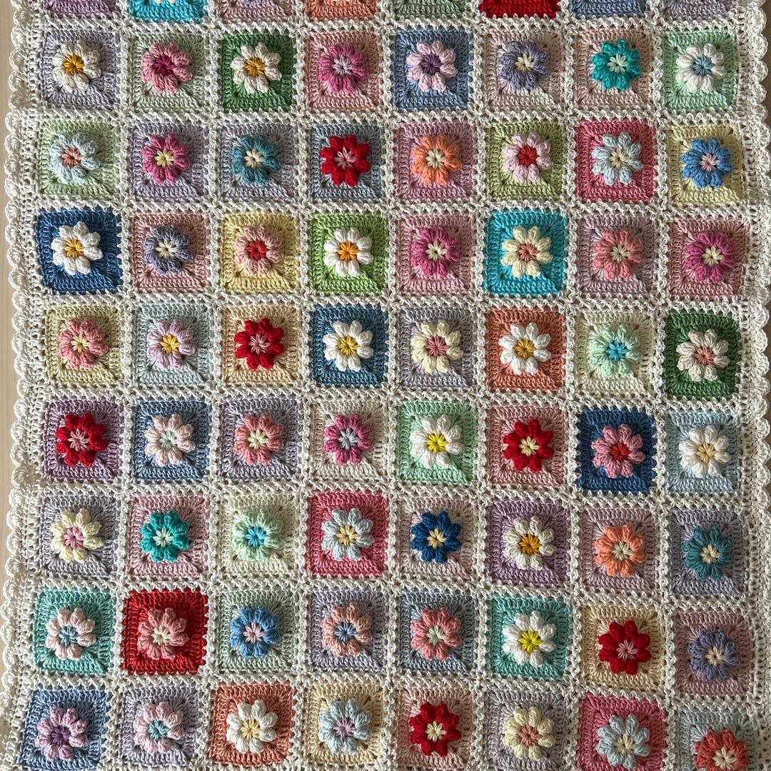 ぷっくり。お花のモチーフ編み マルチカバー ブランケット 手編み コットン