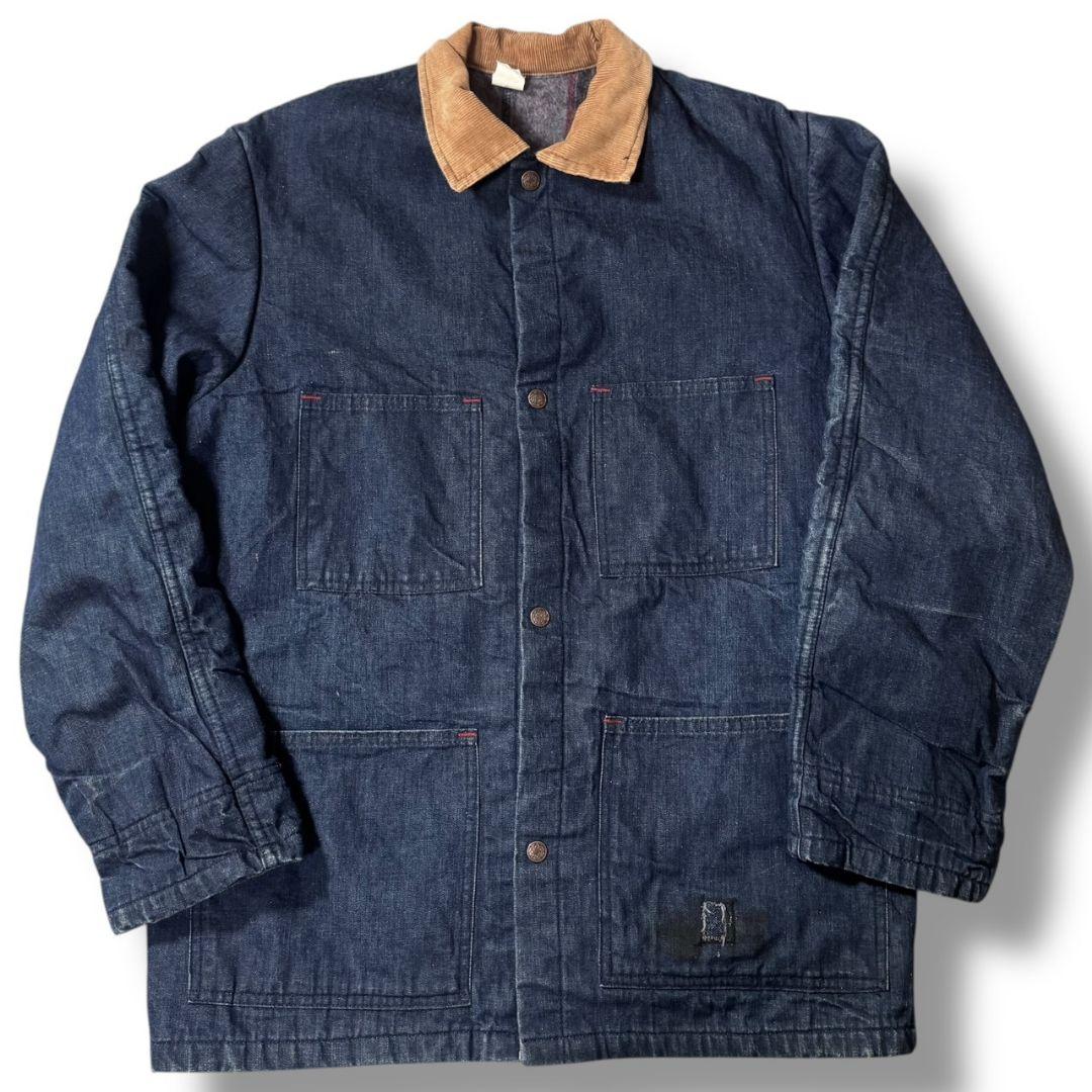 70s デニム カバーオール 裏地ブランケット コーデュロイ襟 アメカジ 古着