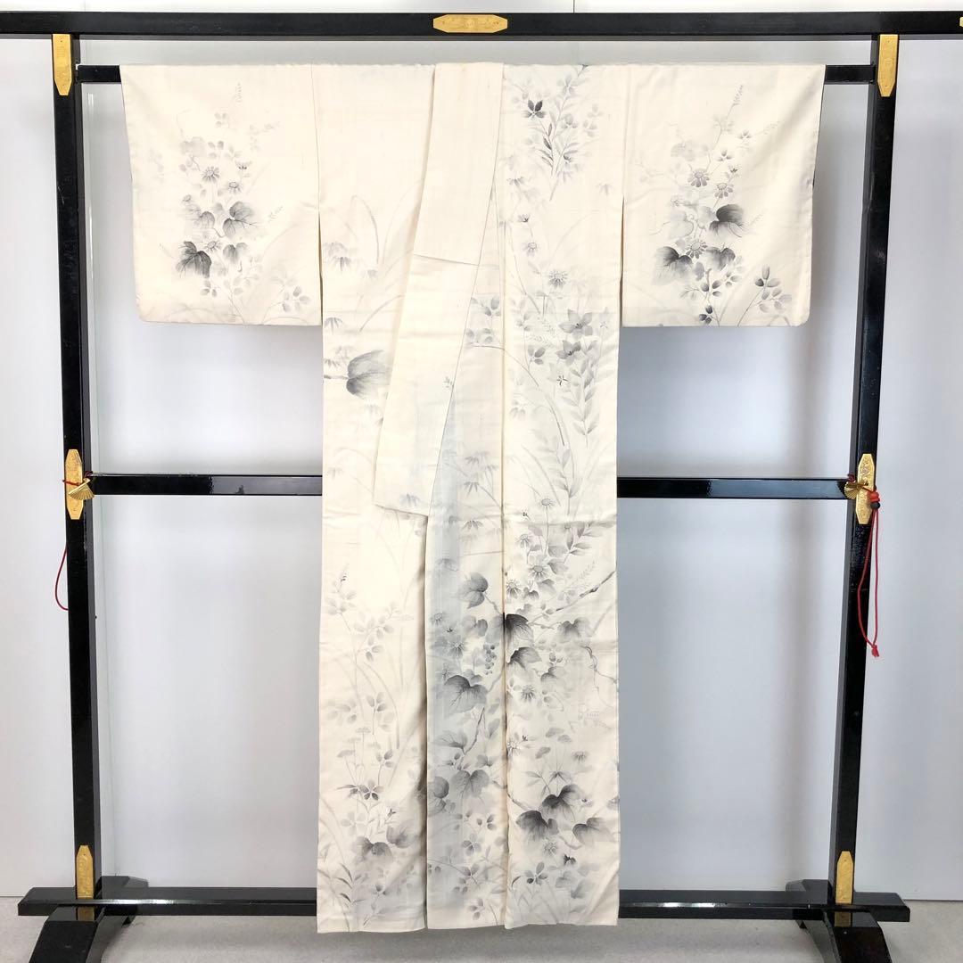 訪問着 紬 花草模様 葡萄 炭描き 乳白色 KK-2202