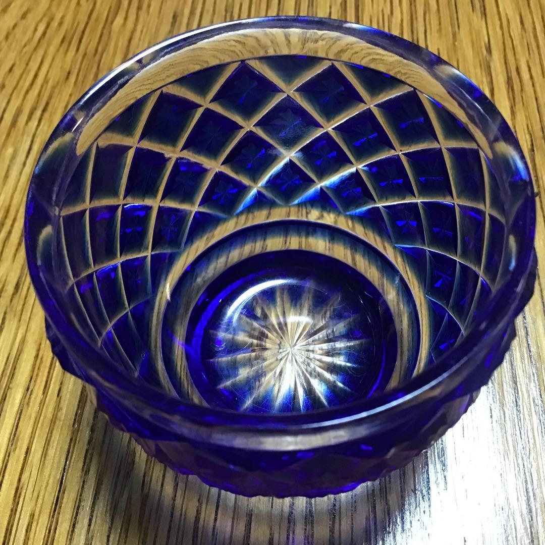 薩摩切子　猪口　青と銅赤　2個セット　薩摩ガラス工芸の刻印あり