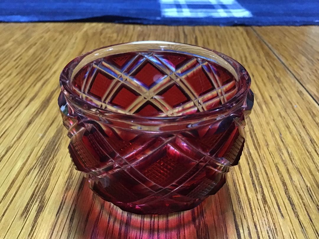 薩摩切子　猪口　青と銅赤　2個セット　薩摩ガラス工芸の刻印あり