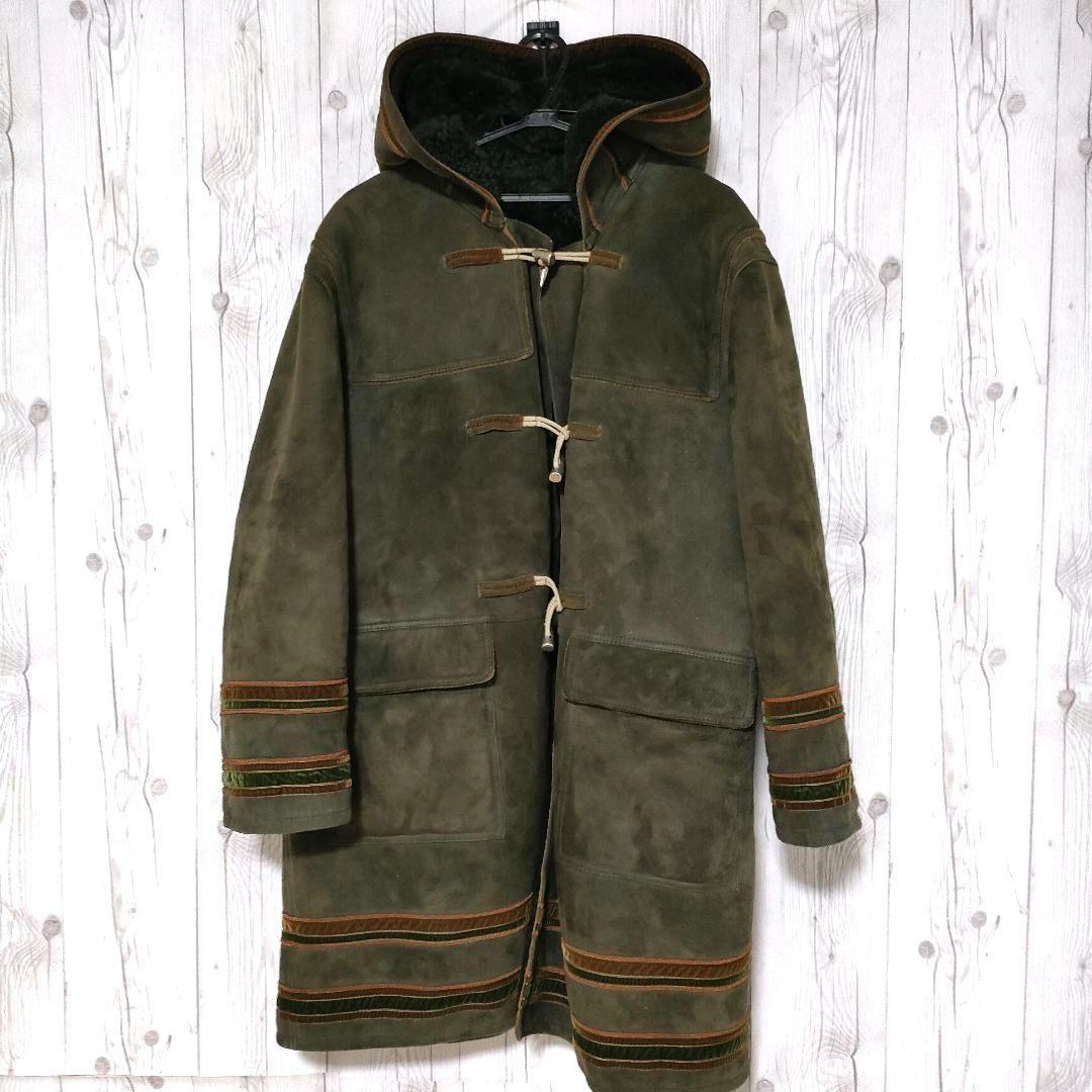 イタリア製 ムートンコート ダッフルコート リアルボア 本革 ヴィンテージ 緑