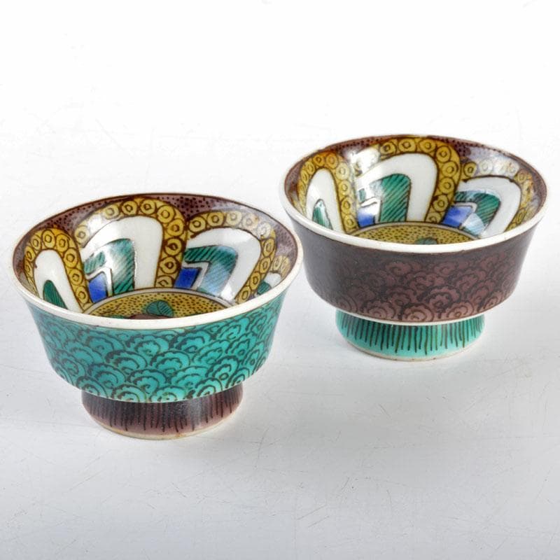 九谷焼　二代徳田八十吉造　青手　椿文　盃　一對　共箱　V　R4720