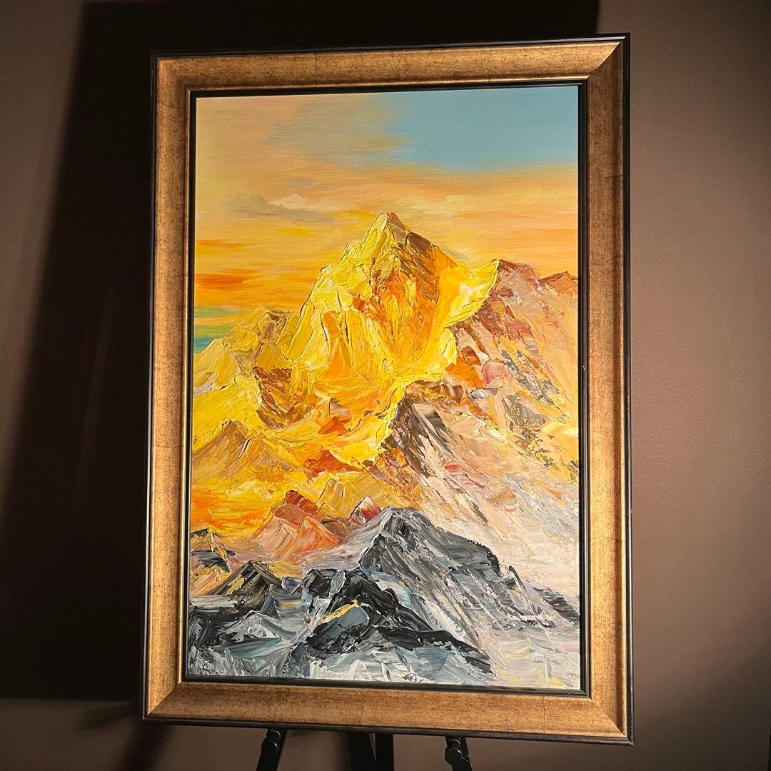 ★特大秀作★ 手書き油絵 ゴールドマウンテン 肉筆絵画 額付 インテリア 油彩画