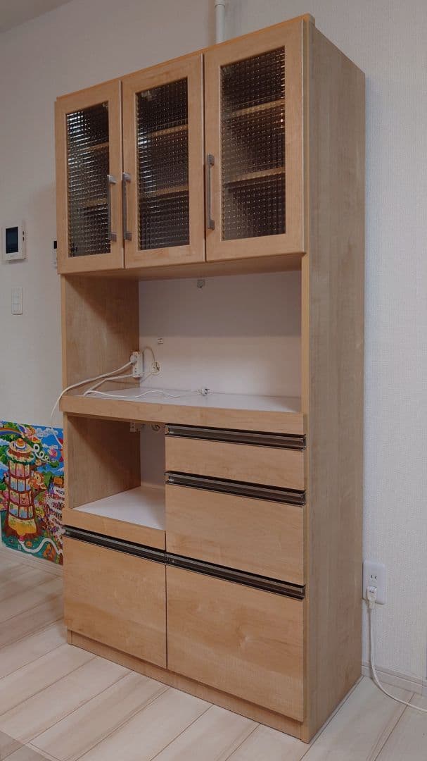 365@_幅90cm 日本製 木製食器棚 レンジボード ガラス扉付き