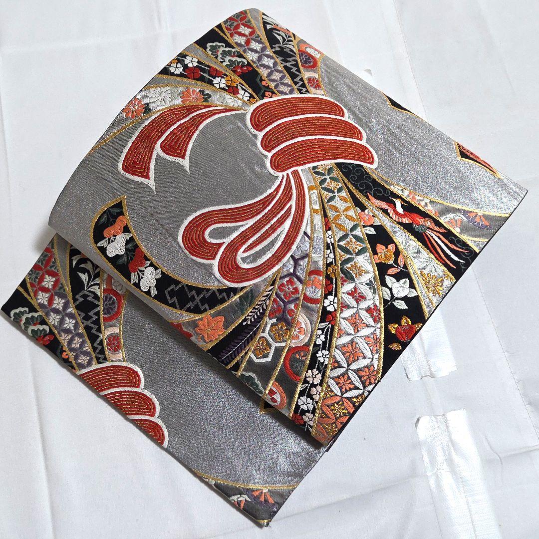 A5◆着物くつろぎ 束ね熨斗花文 銀糸 黒 六通 正絹 フォーマルな袋帯