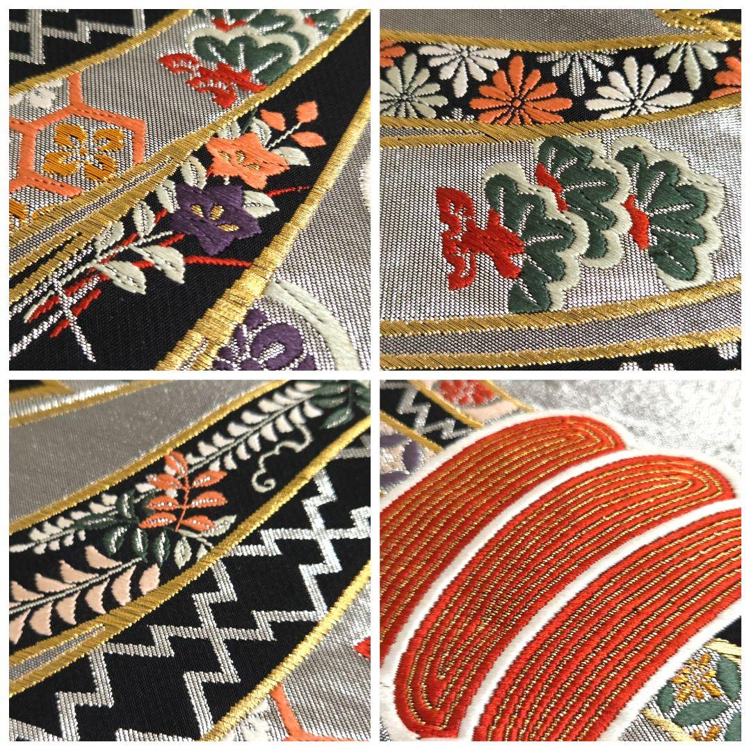 A5◆着物くつろぎ 束ね熨斗花文 銀糸 黒 六通 正絹 フォーマルな袋帯