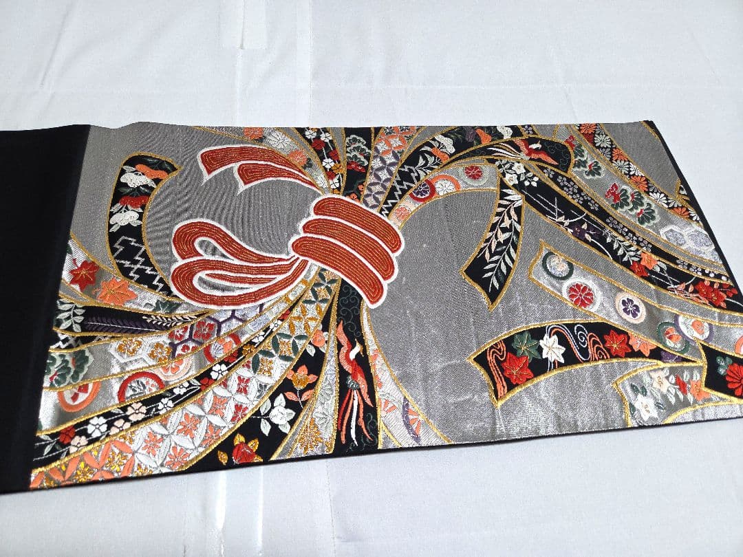 A5◆着物くつろぎ 束ね熨斗花文 銀糸 黒 六通 正絹 フォーマルな袋帯