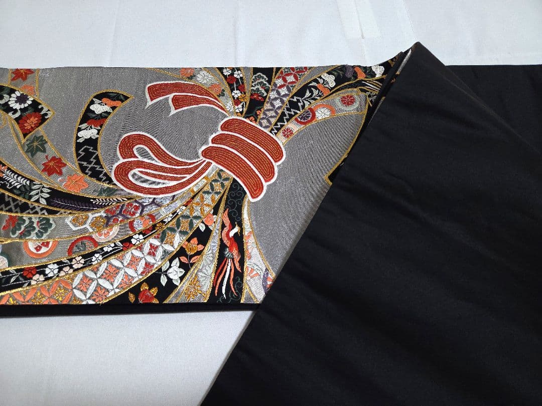 A5◆着物くつろぎ 束ね熨斗花文 銀糸 黒 六通 正絹 フォーマルな袋帯