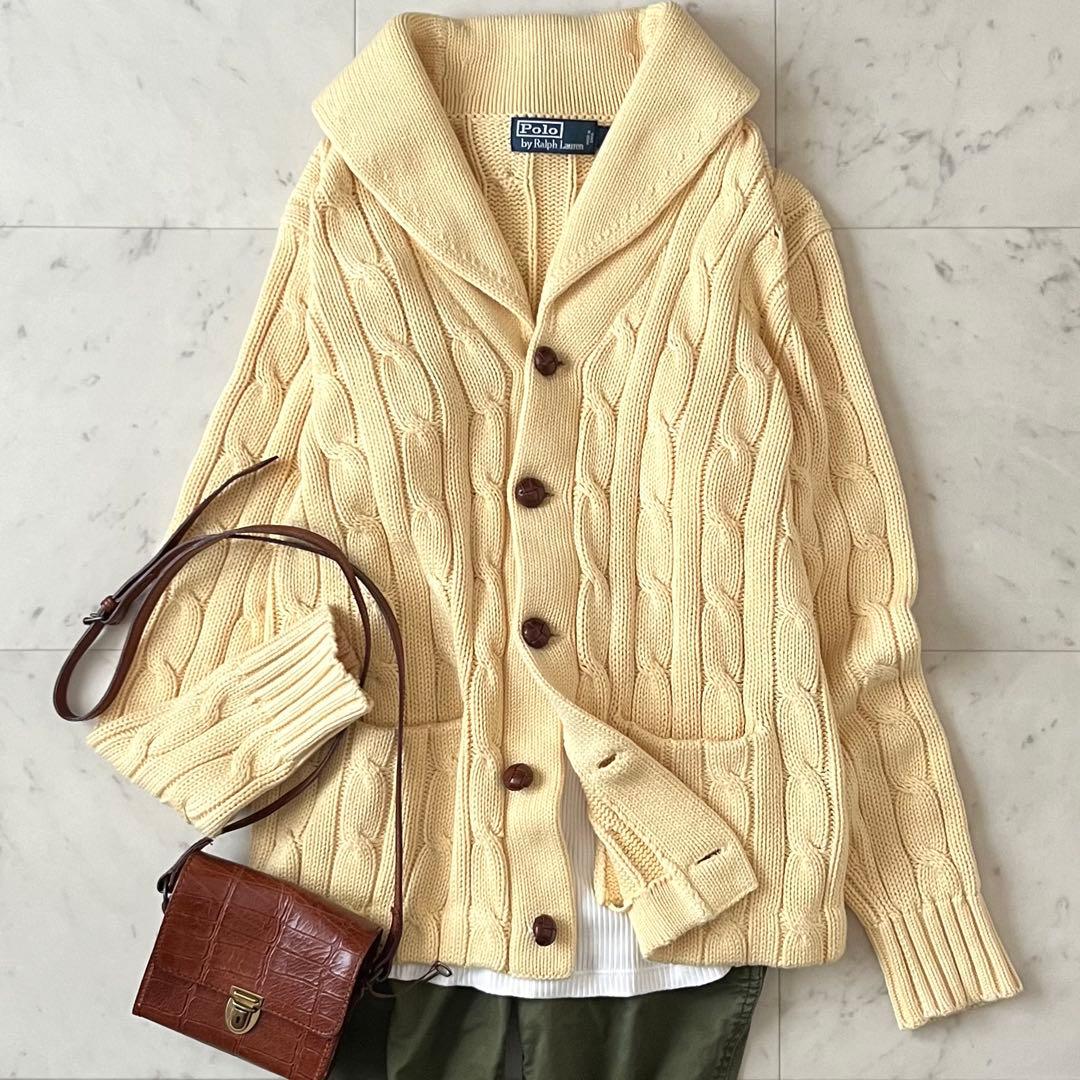 美品＊ポロバイラルフローレン コットンカシミヤケーブル編みカーディガン イエロー