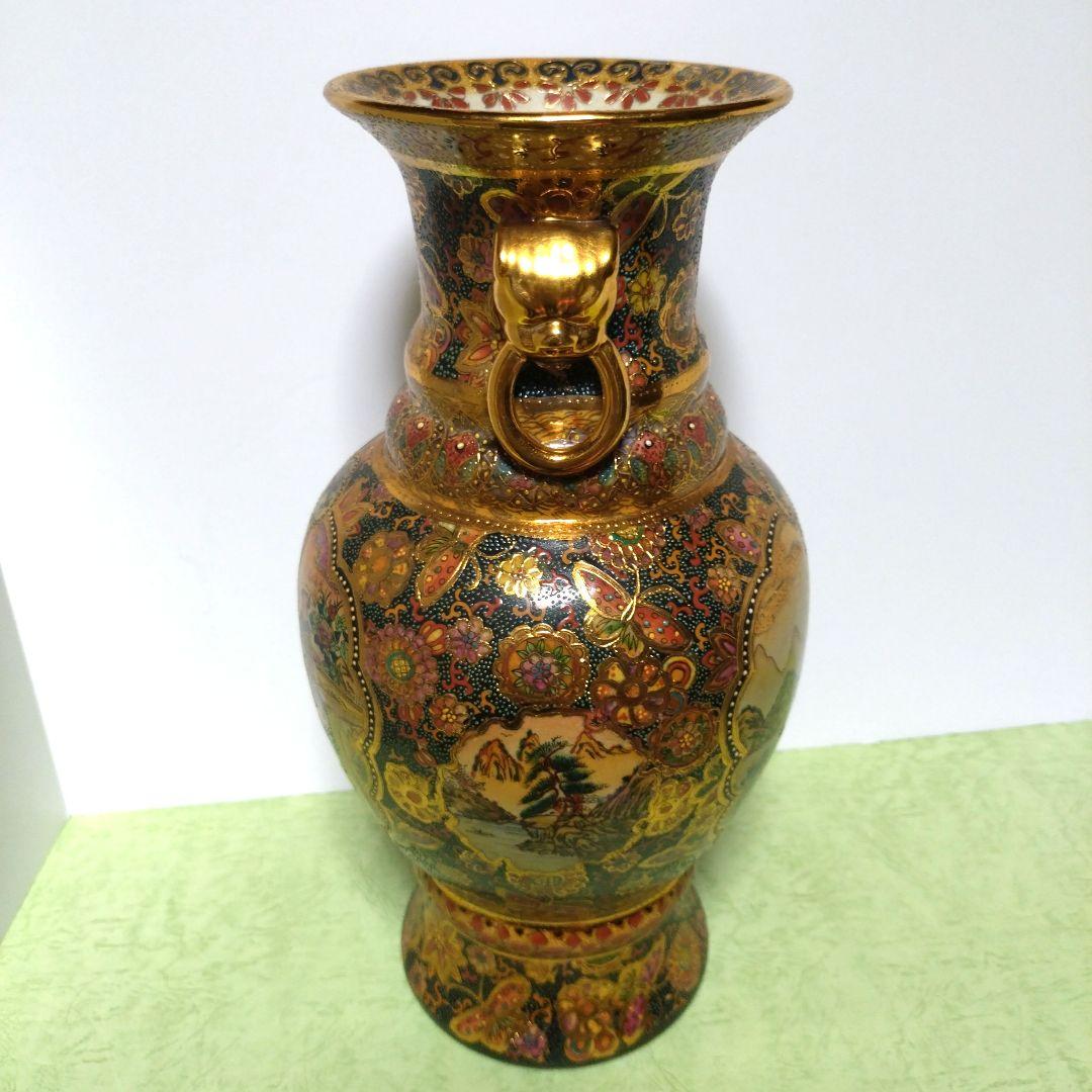 薩摩焼　武士　武将　花蝶　色彩　花瓶　壺　骨董品　豪華絢爛　高さ36cm