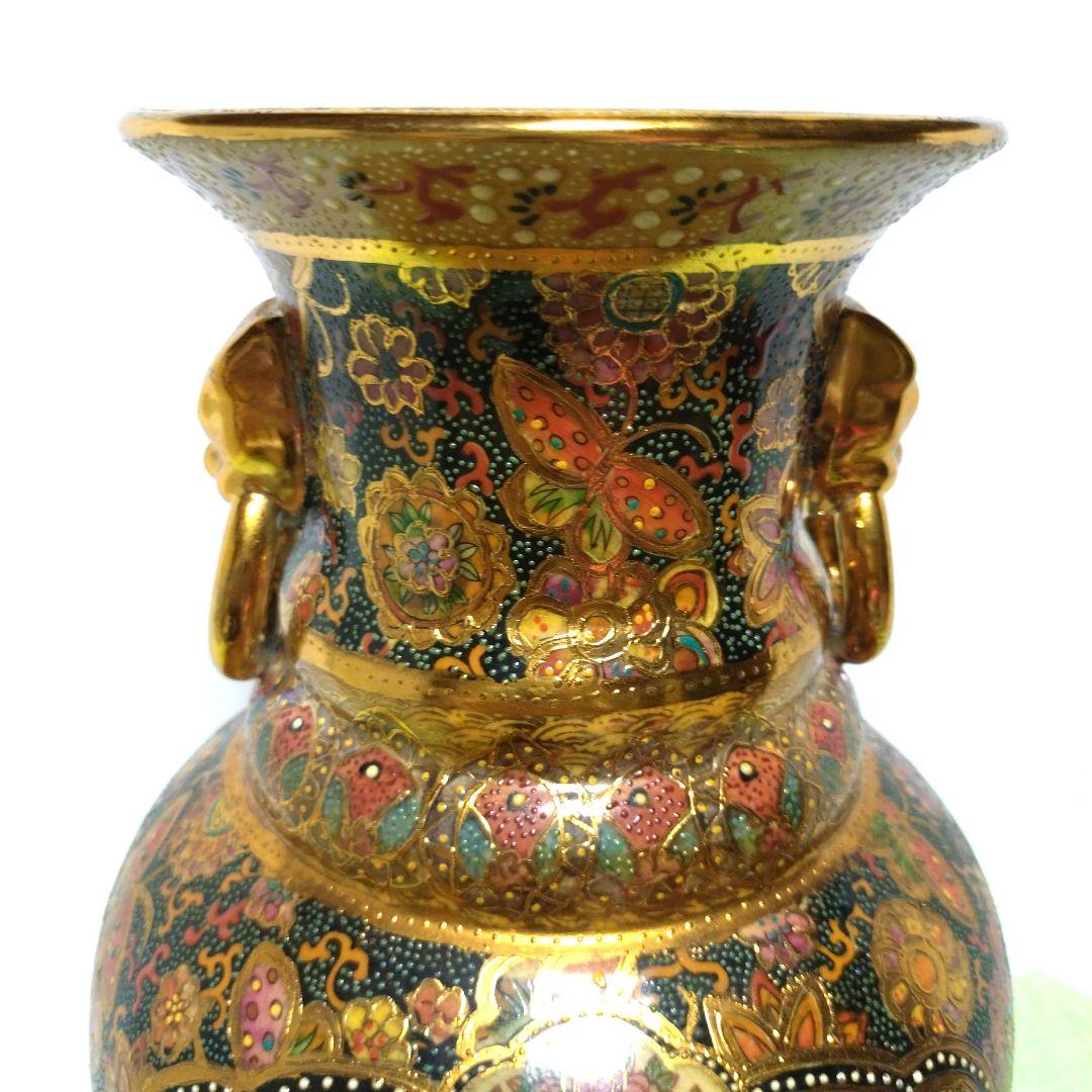 薩摩焼　武士　武将　花蝶　色彩　花瓶　壺　骨董品　豪華絢爛　高さ36cm