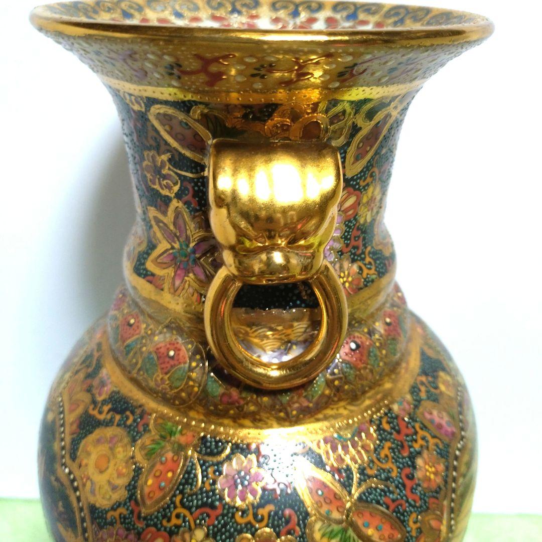 薩摩焼　武士　武将　花蝶　色彩　花瓶　壺　骨董品　豪華絢爛　高さ36cm