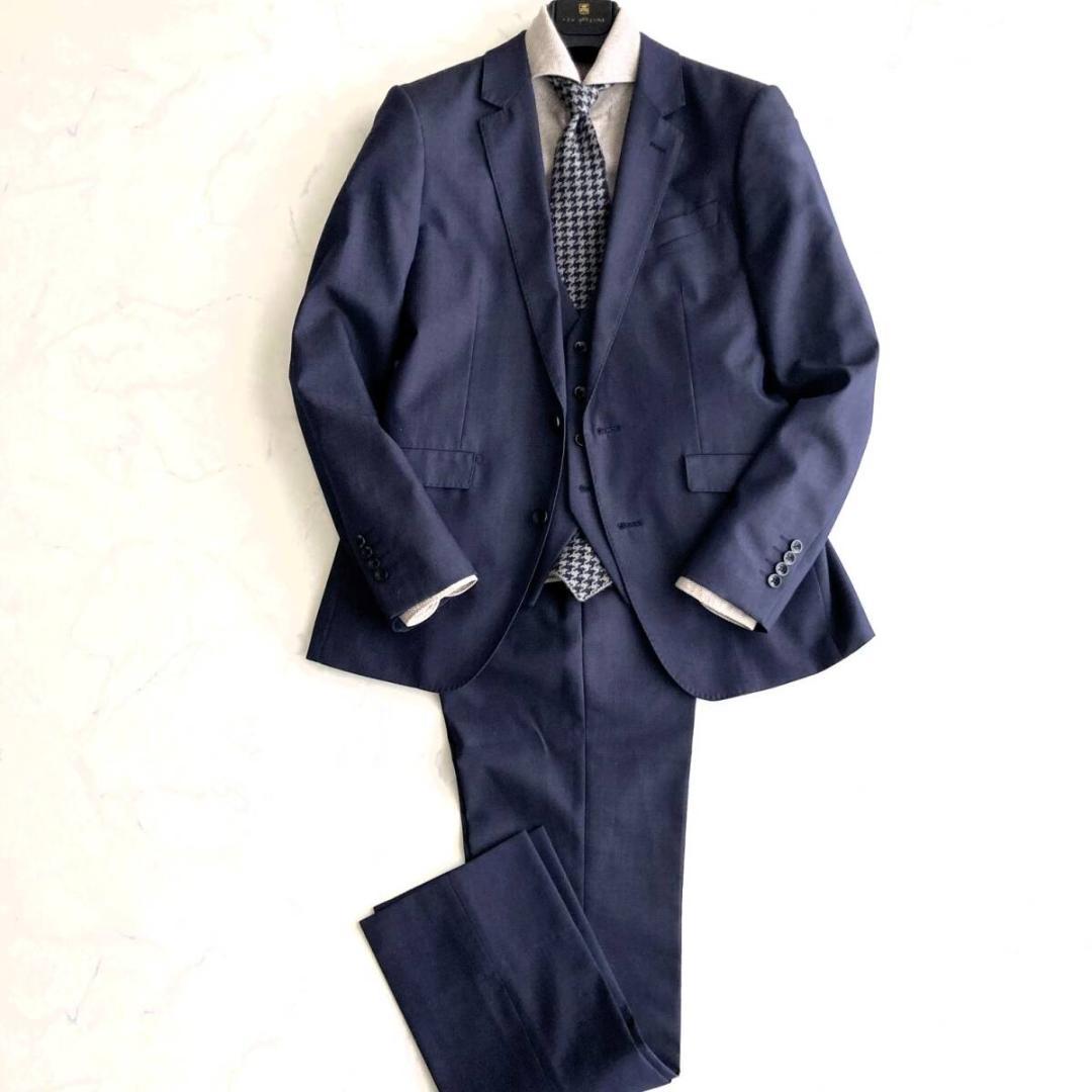 スリムＭ【美品】SUITSELECT スーツセレクト ネイビースリーピーススーツ