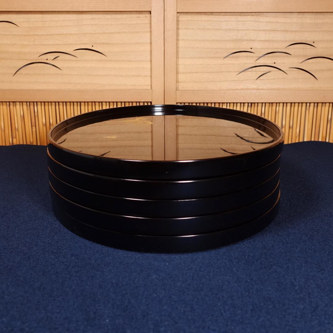 最終値下 輪島塗 黒塗 沈金柘榴文 楕円形盆 卓上膳 5客 共箱