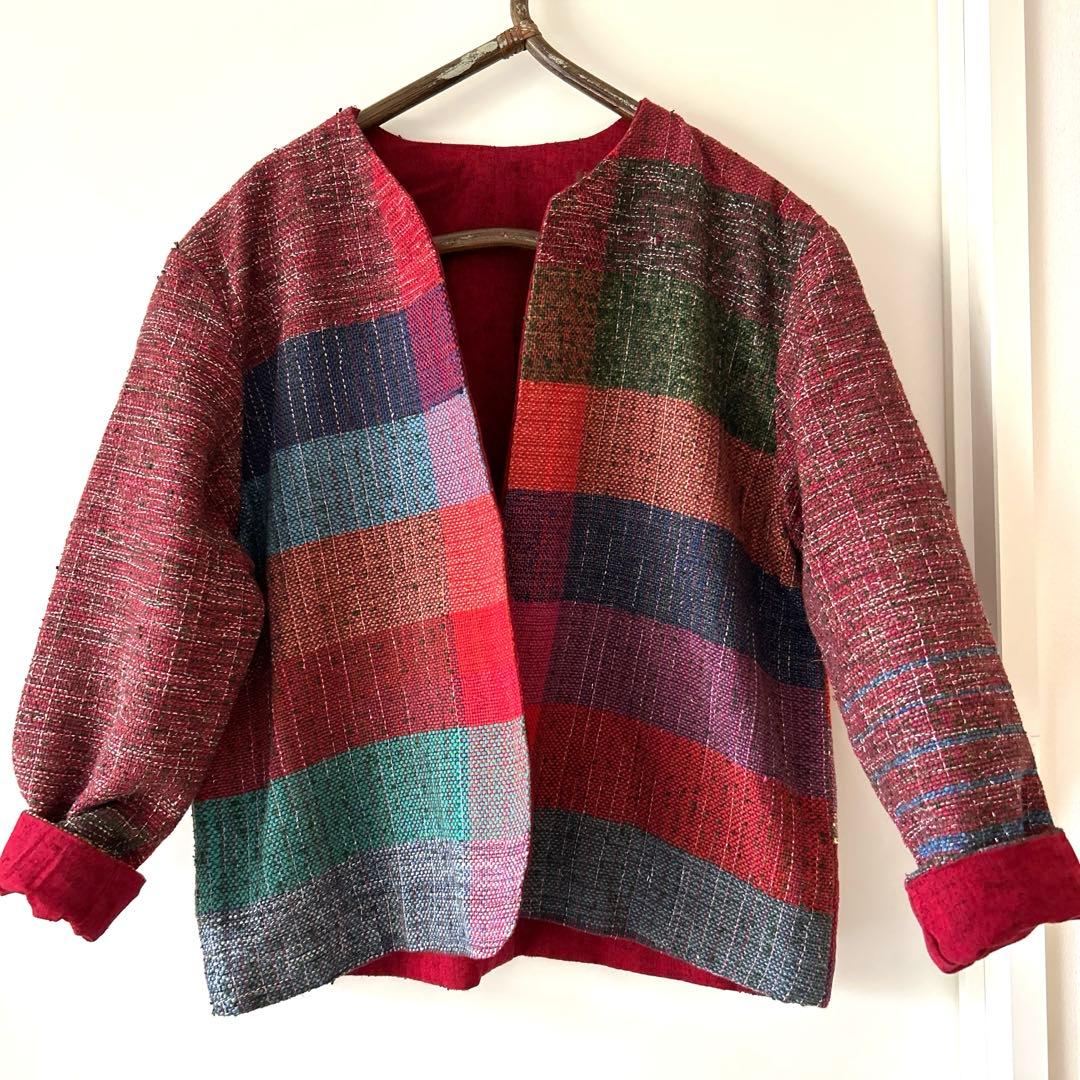 一点物　ハンドメイド　リバーシブル　久留米絣　手織り　ノーカラージャケット