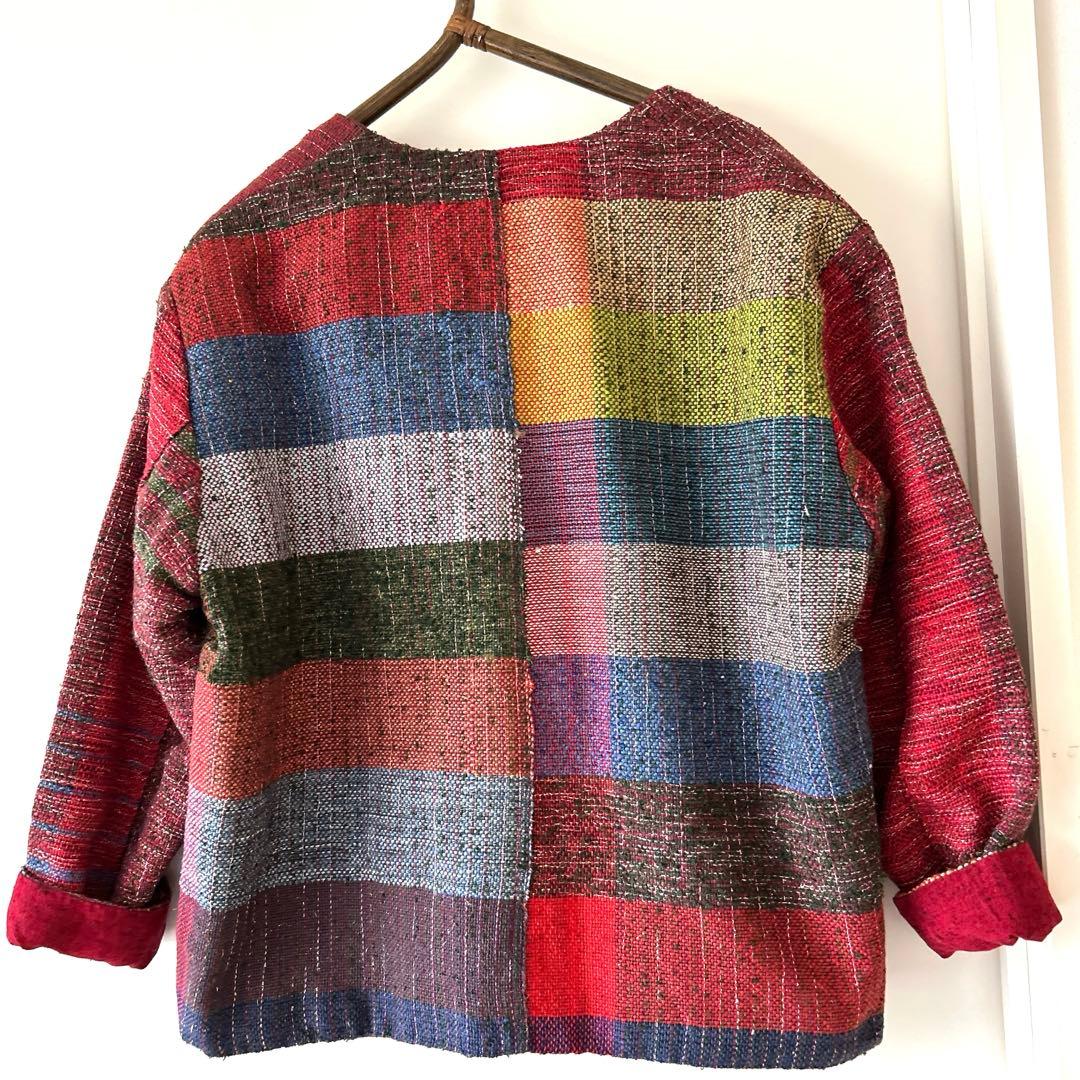 一点物　ハンドメイド　リバーシブル　久留米絣　手織り　ノーカラージャケット