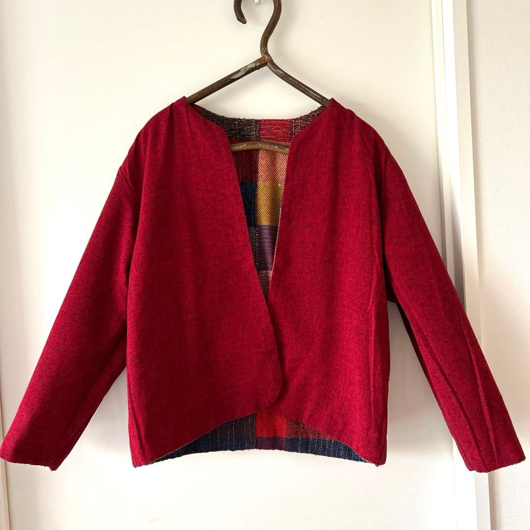 一点物　ハンドメイド　リバーシブル　久留米絣　手織り　ノーカラージャケット