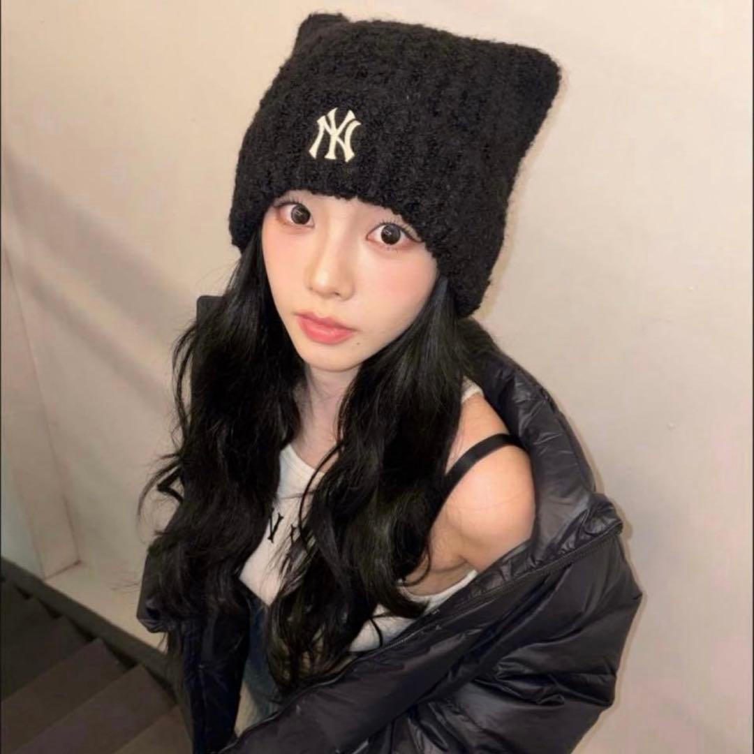 韓国限定 MLB 猫耳ニット帽 ビーニー 黒 aespa カリナ着用