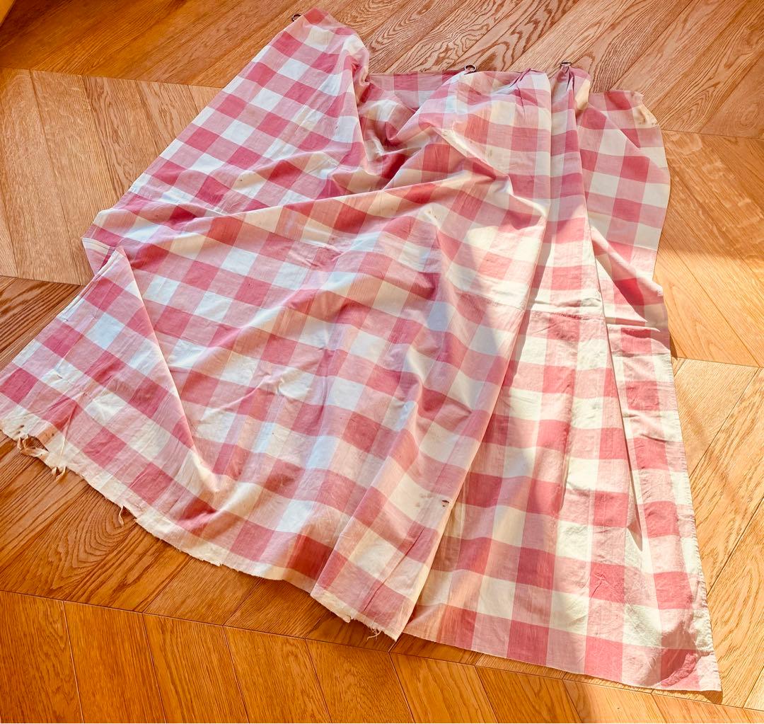 フランスアンティーク 19世紀のカーテン ギンガムチェック 希少な古裂です