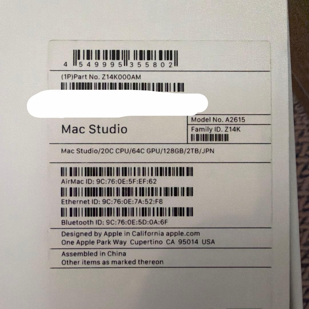 S*2様 Mac Studio 2022 M1 Ultra 128GB 2TB