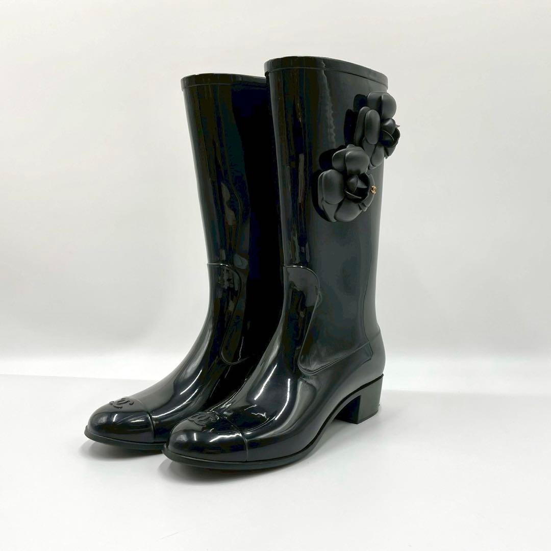 CHANEL シャネル ロングブーツ レインブーツ ブラック 黒 カメリア