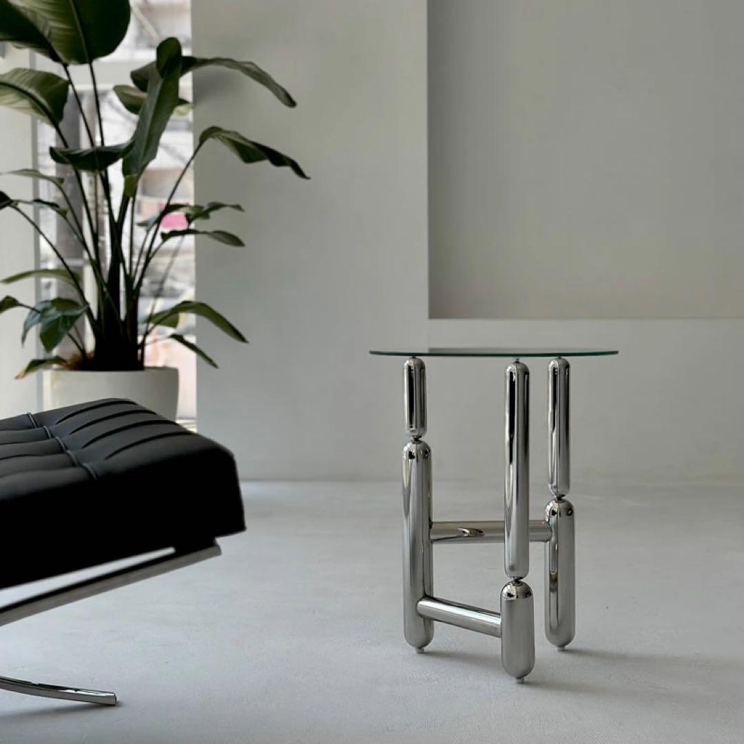 【ART OF BLACK】ステンレスラウンドガラスサイドテーブル