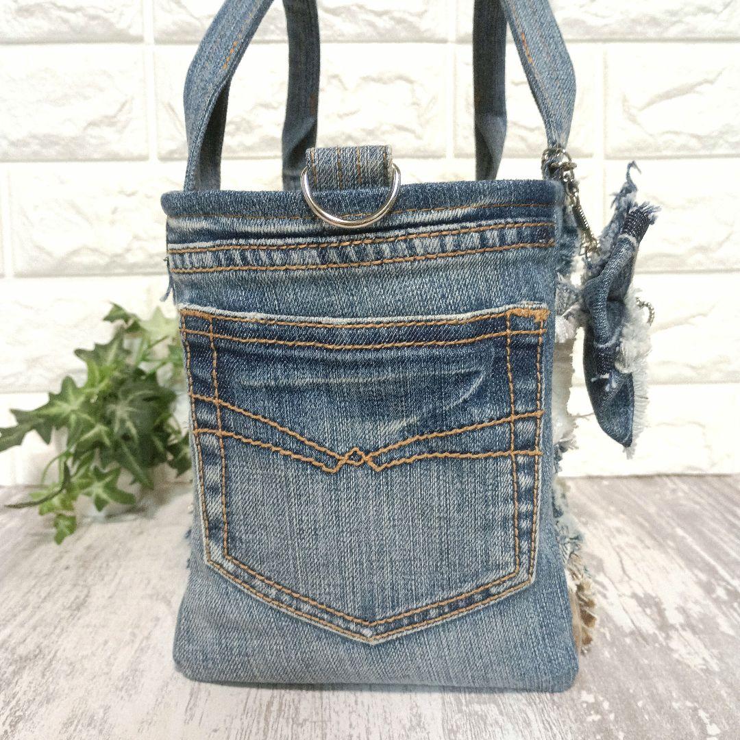 リメイクデニム★ヒョウ柄MIXフリンジトートバッグ＋ショルダーセット