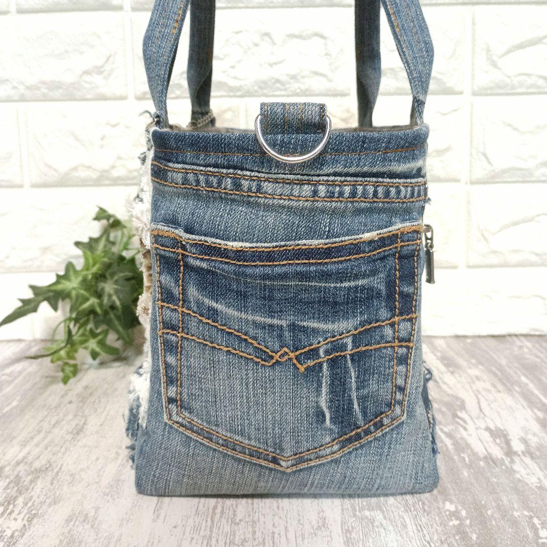 リメイクデニム★ヒョウ柄MIXフリンジトートバッグ＋ショルダーセット