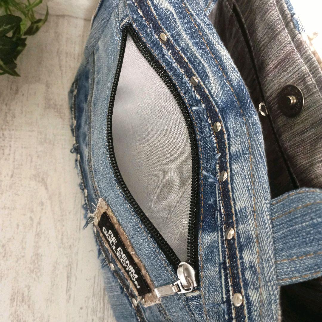 リメイクデニム★ヒョウ柄MIXフリンジトートバッグ＋ショルダーセット