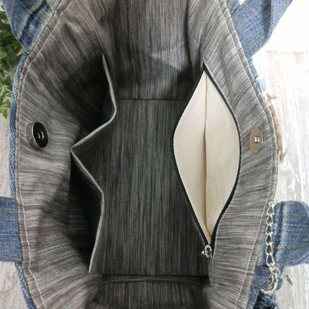 リメイクデニム★ヒョウ柄MIXフリンジトートバッグ＋ショルダーセット