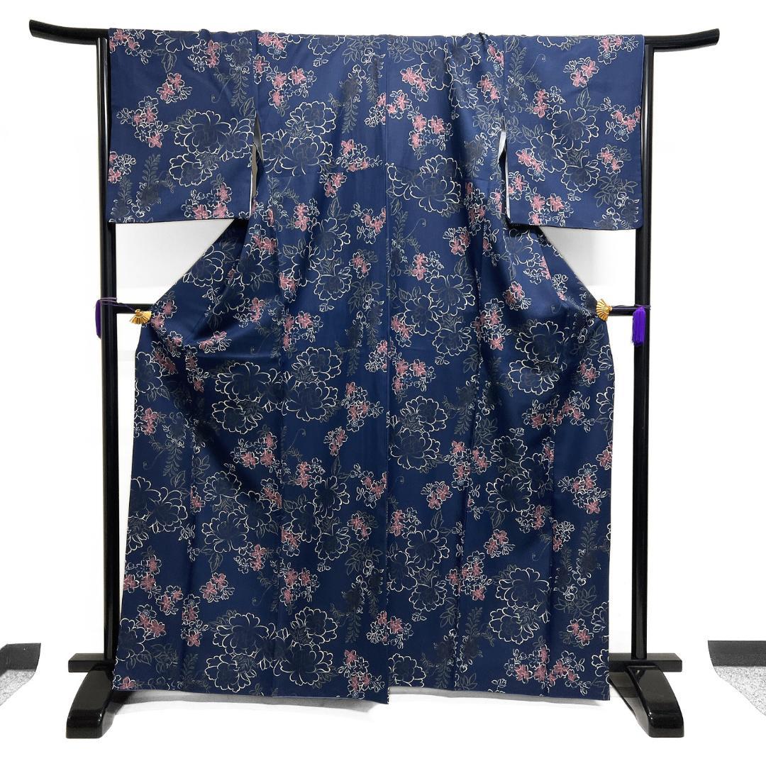 小紋　洗える着物　牡丹　桜　藤　橘　ネイビー　着物　122b d ms