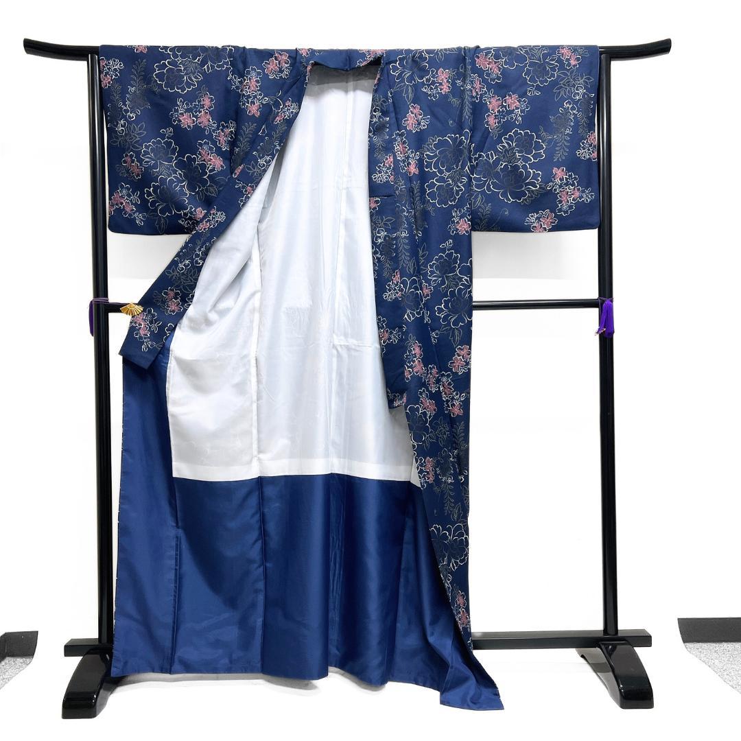 小紋　洗える着物　牡丹　桜　藤　橘　ネイビー　着物　122b d ms