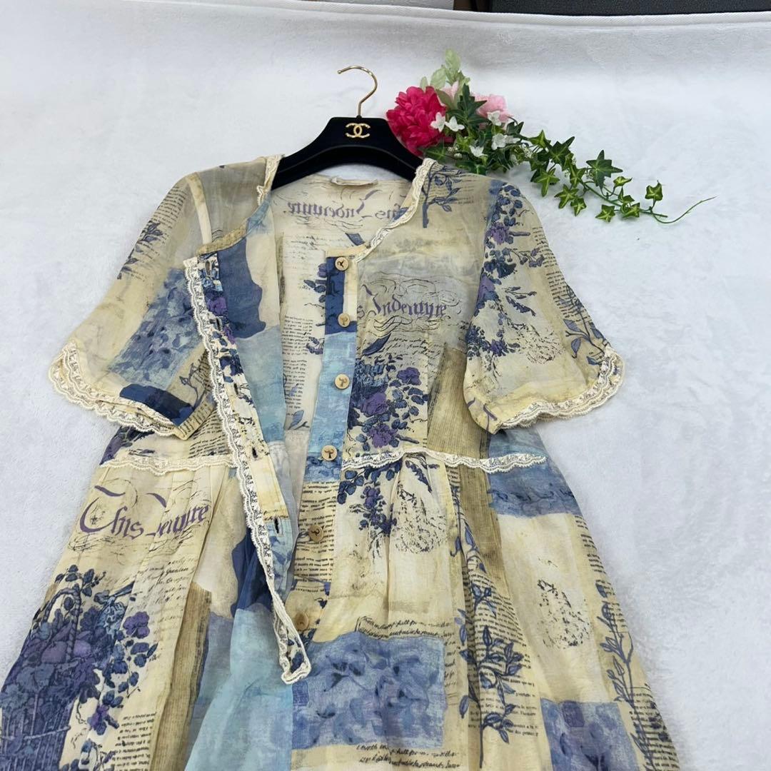 R125 美品 XL 46 ロッサ 透け感 絵柄 ロングワンピ レディース