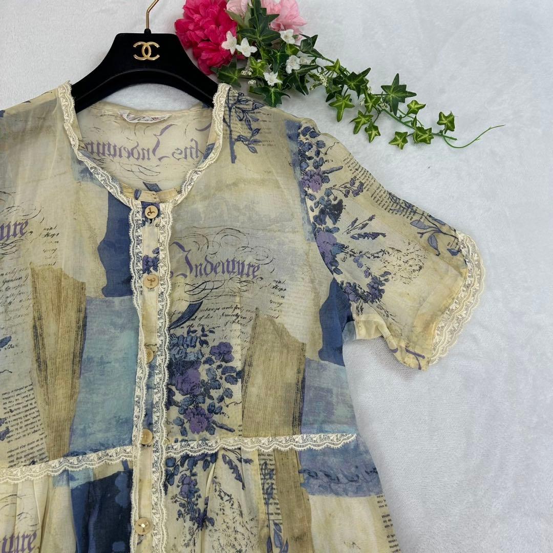 R125 美品 XL 46 ロッサ 透け感 絵柄 ロングワンピ レディース