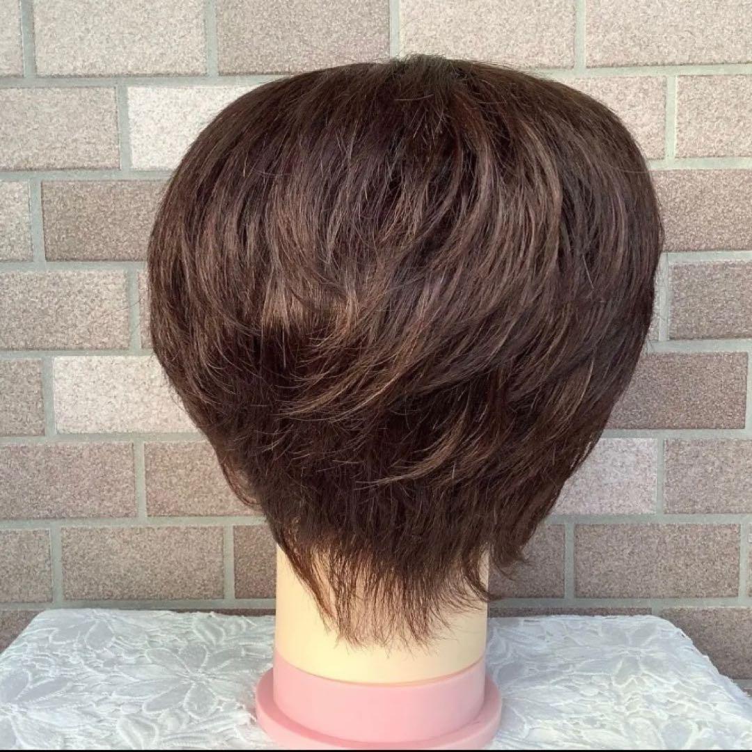 人毛100% 手植えフルウィッグ 医療ウィッグ ショートカール 茶ダークブラウン