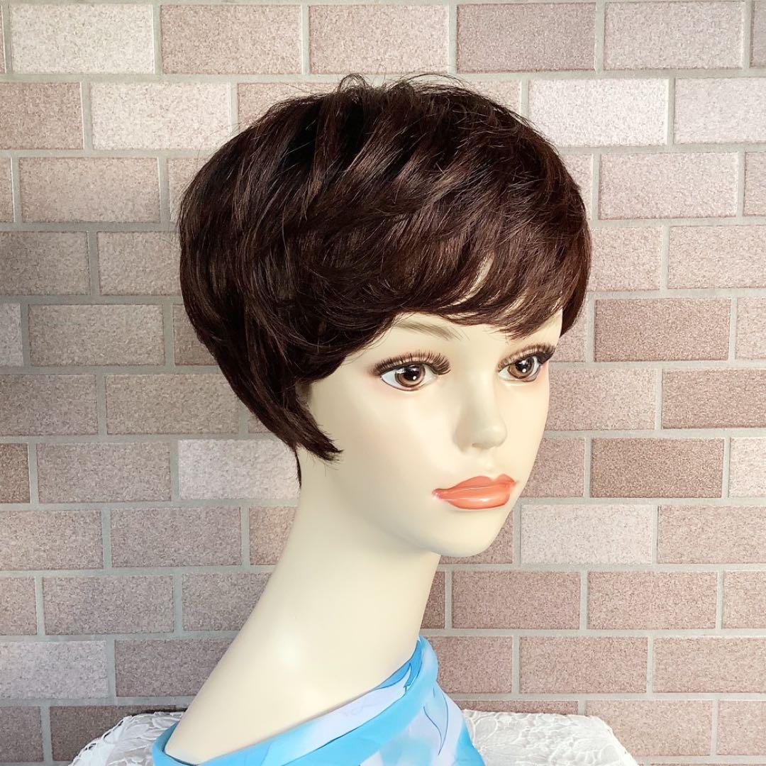 人毛100% 手植えフルウィッグ 医療ウィッグ ショートカール 茶ダークブラウン