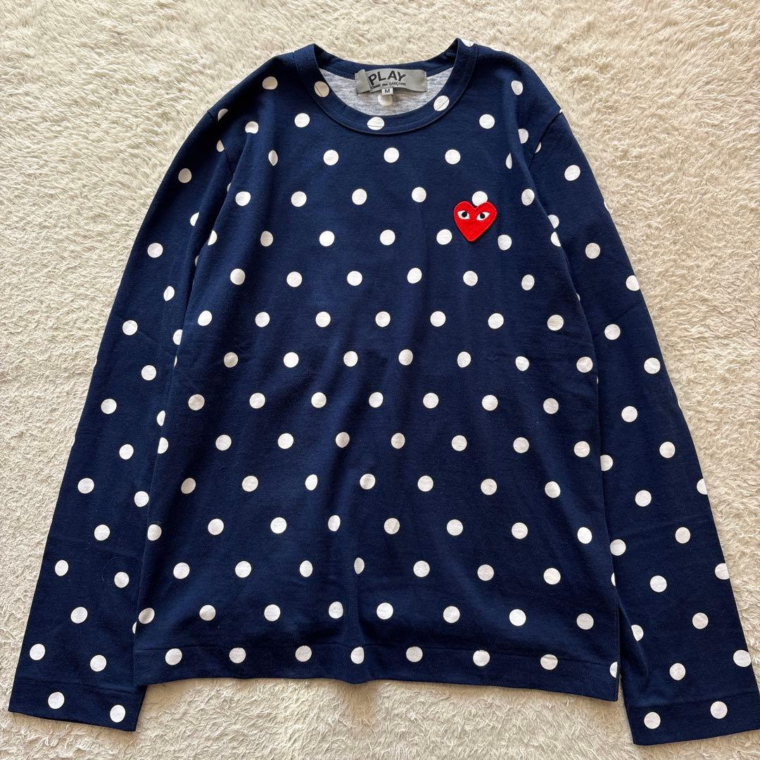 PLAY コムデギャルソン ドット柄ロンT ハートワッペン　ネイビー　M