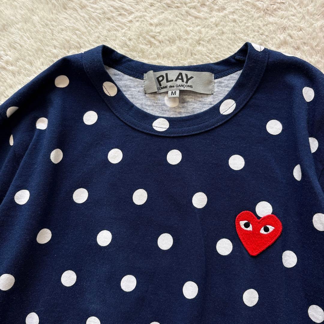 PLAY コムデギャルソン ドット柄ロンT ハートワッペン　ネイビー　M