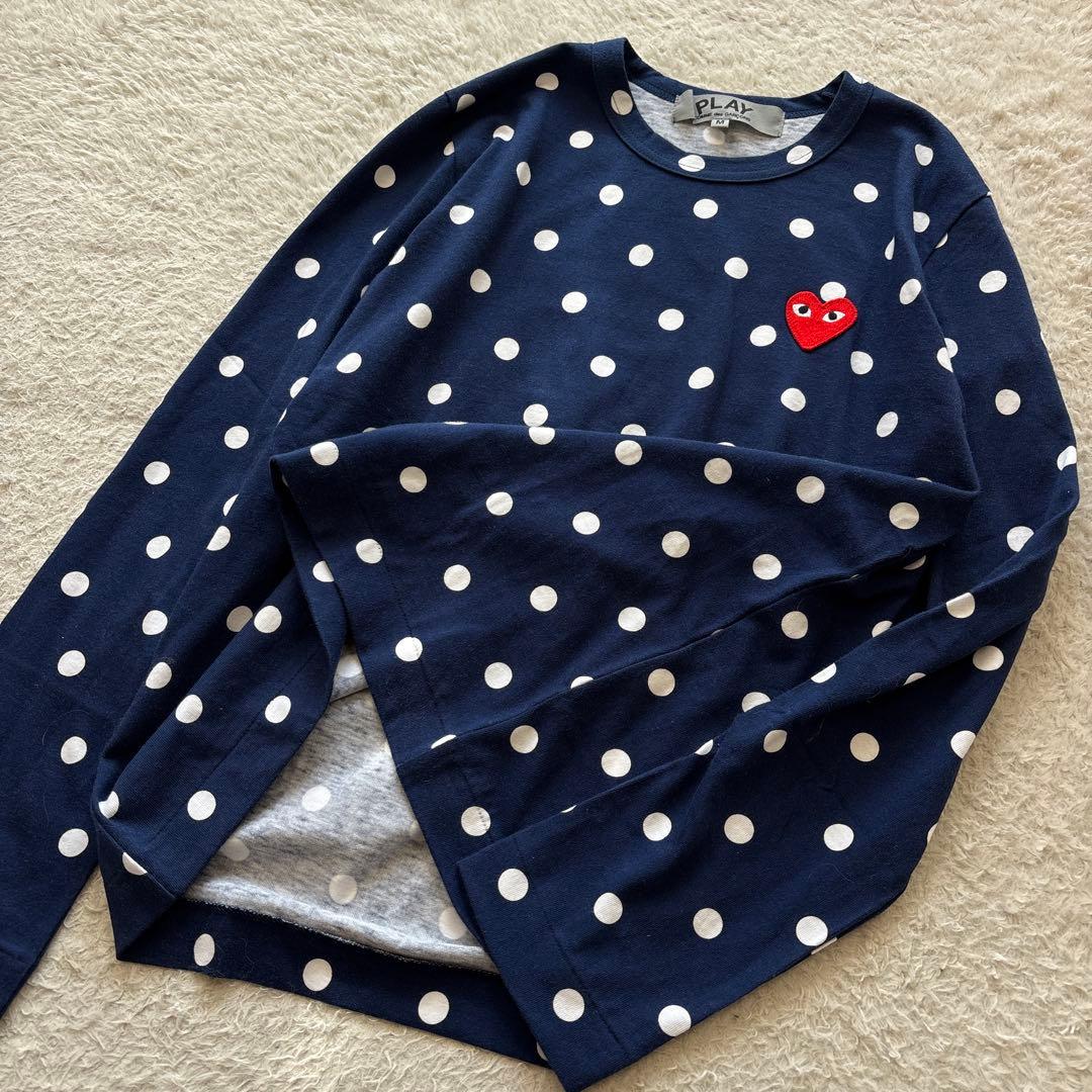 PLAY コムデギャルソン ドット柄ロンT ハートワッペン　ネイビー　M