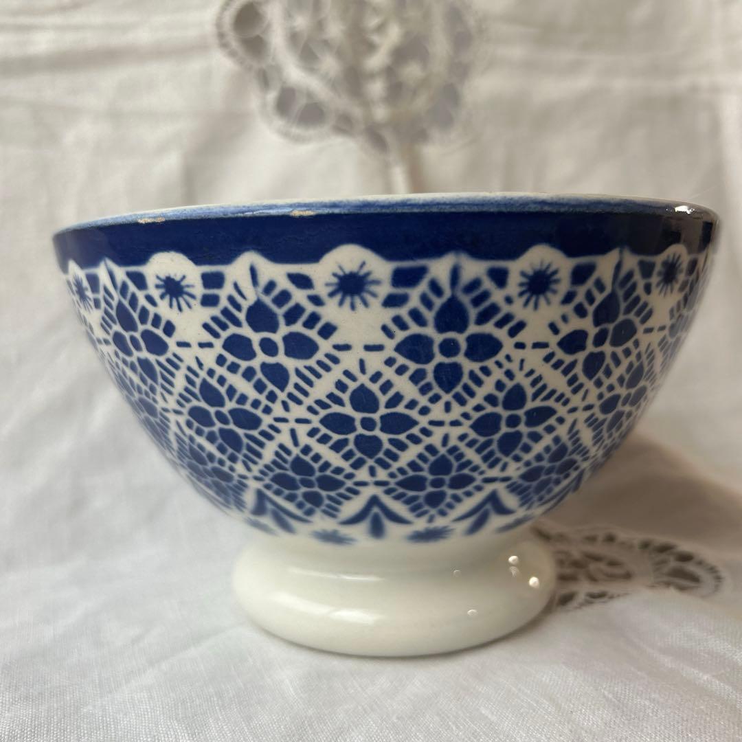 【希少】モロッコ柄　レース柄　青色カフェオレボウル　フランスアンティーク