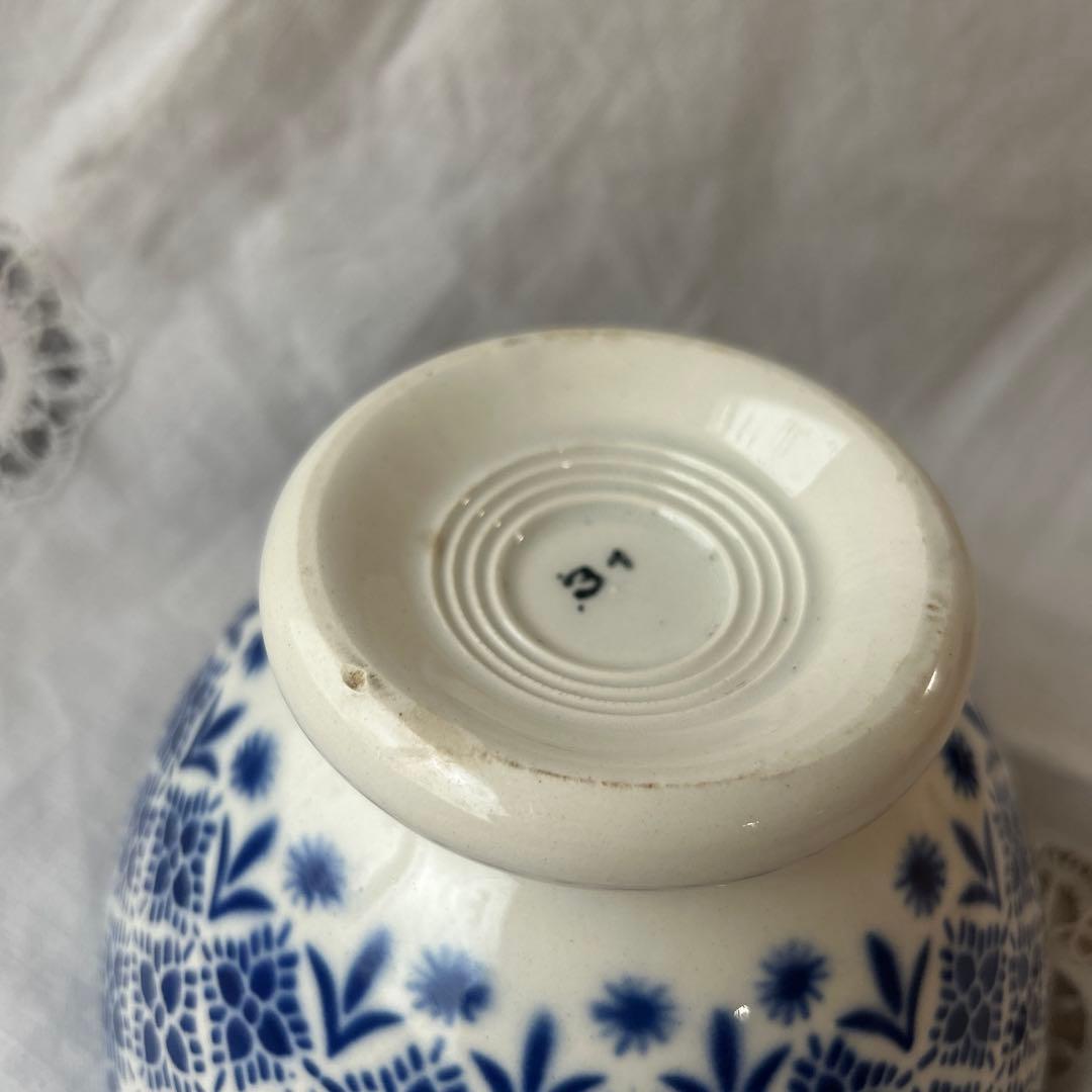 【希少】モロッコ柄　レース柄　青色カフェオレボウル　フランスアンティーク