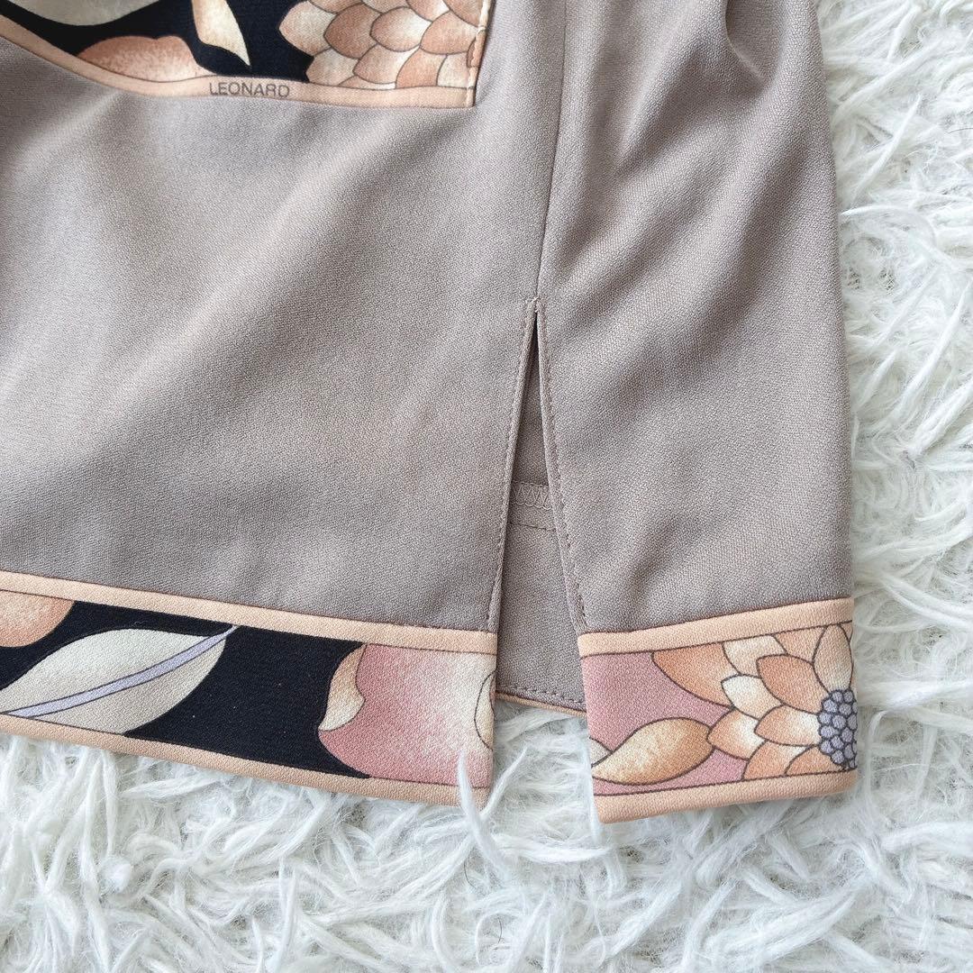 LEONARD レオナール 花柄トリム カーディガン きれいめ グレージュ LL