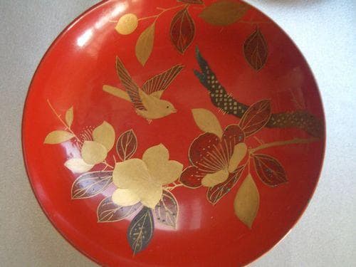 お値下げ！輪島塗 金蒔絵 花鳥 松に鶴紋様 三重盃 朱塗 漆器 盃杯 酒器