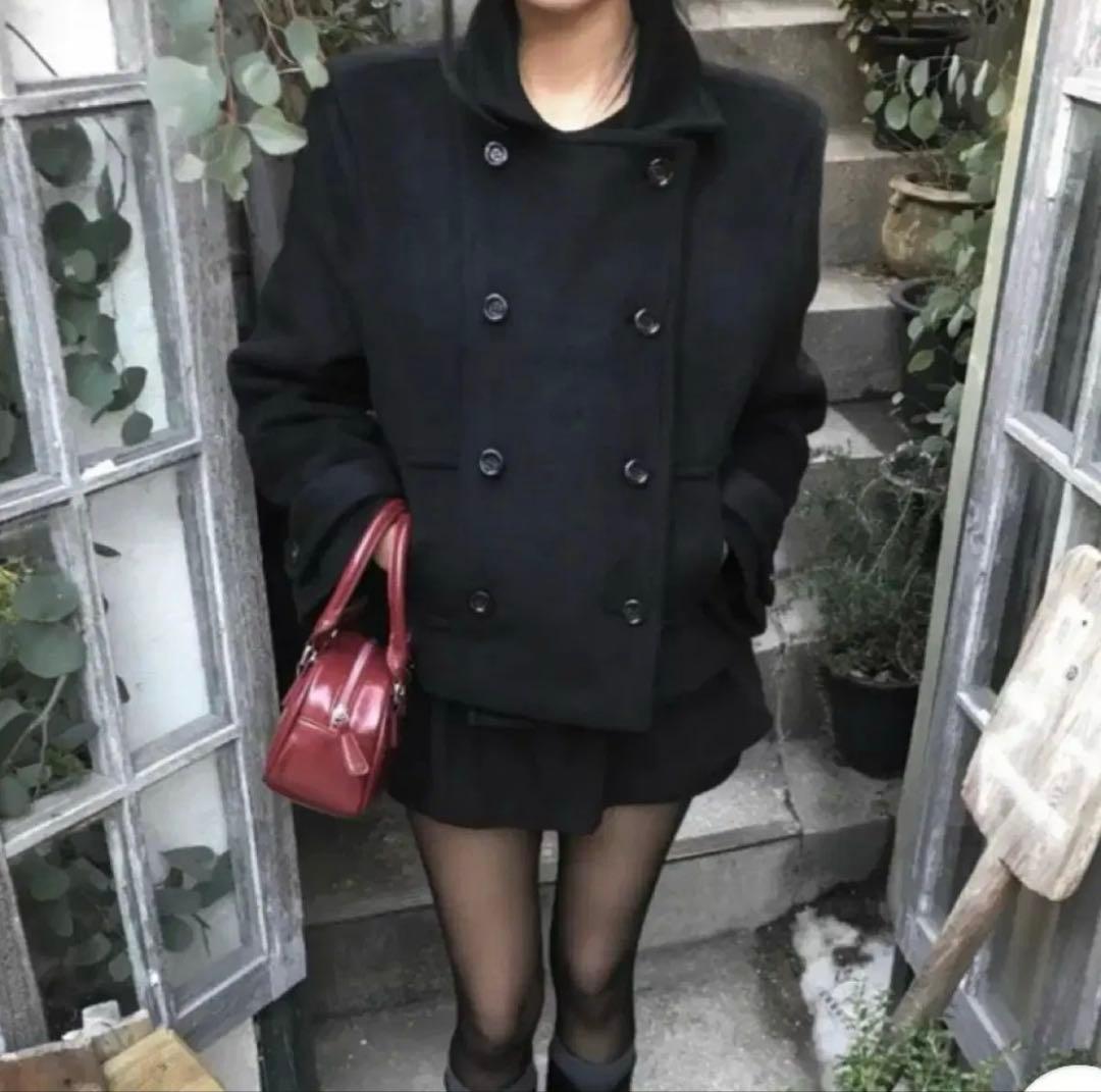 ダブルブレスト ピーコート ブラック ワンホン クラシックボタンショートコート