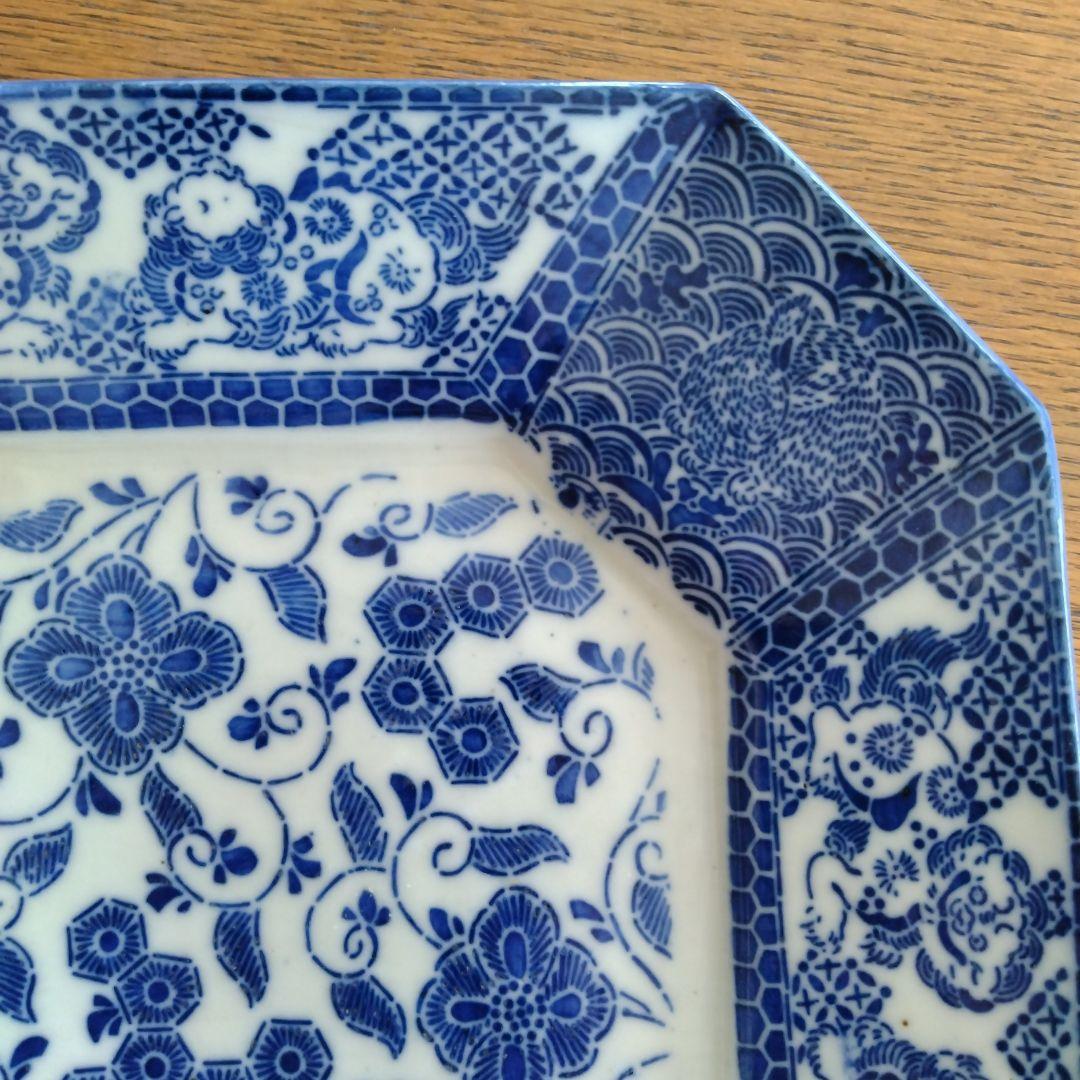 印判 隅切り 八角大皿 野兎と獅子 骨董 アンティーク