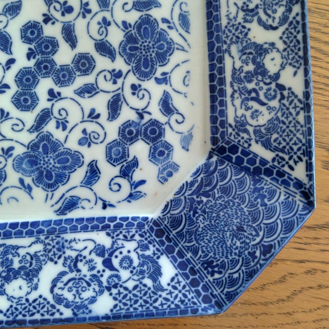 印判 隅切り 八角大皿 野兎と獅子 骨董 アンティーク