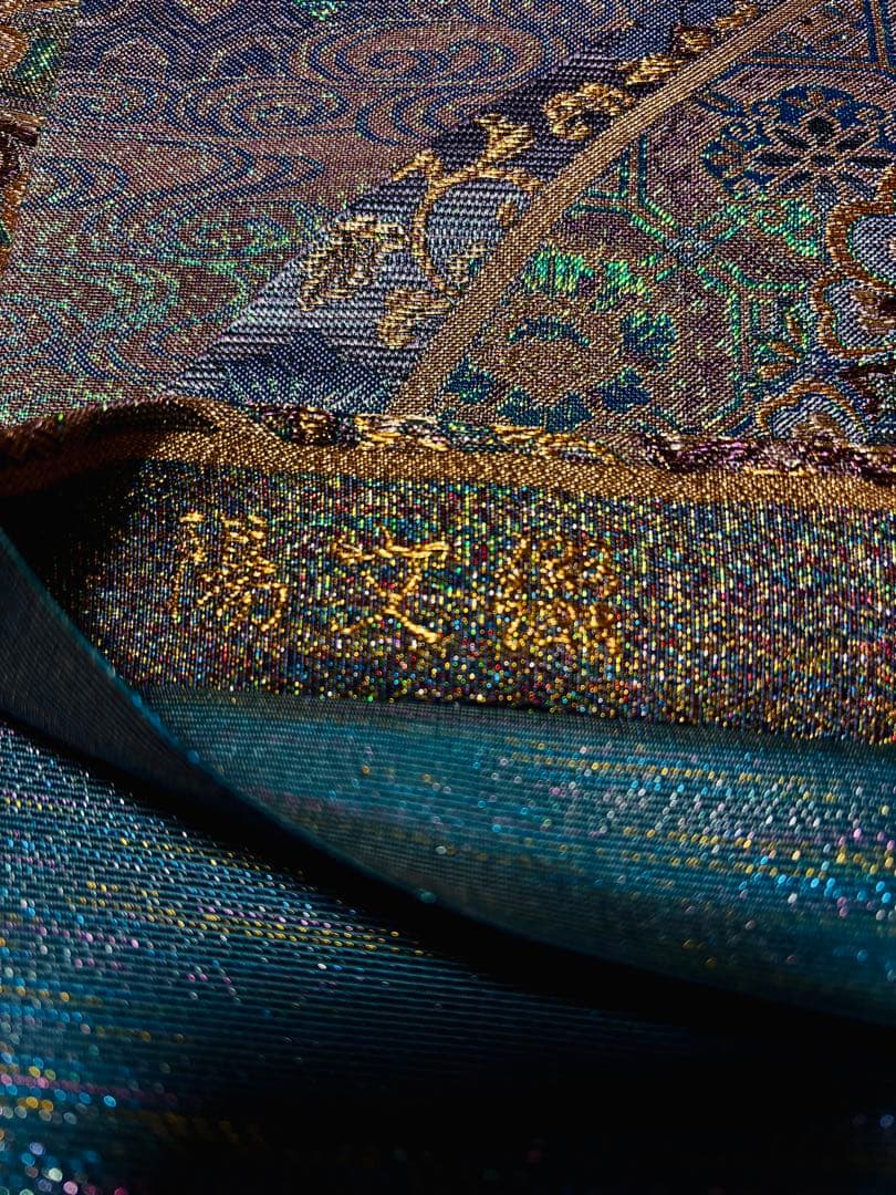 【未使用品】陽文綴 袋帯 青緑 宝相華鳳凰 キラキラ　六通