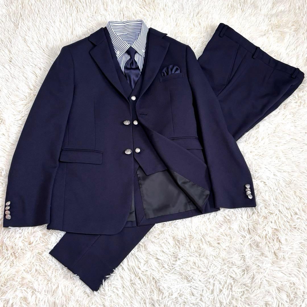 美品 ワンダーファクトリー 170 スリーピース ベスト付き 銀ボタン ネイビー